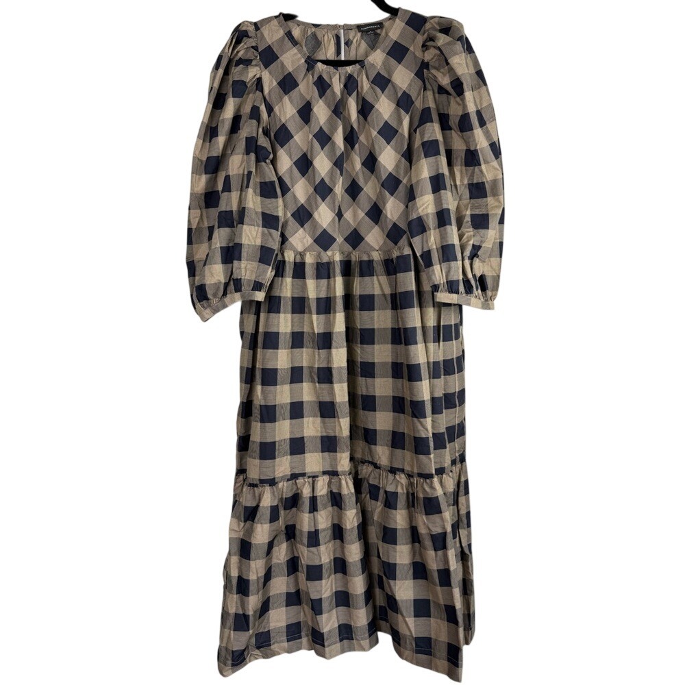 Summersalt Womens Size Medium Blue Gold Plaid Gingham Check Tiered Maxi Dress